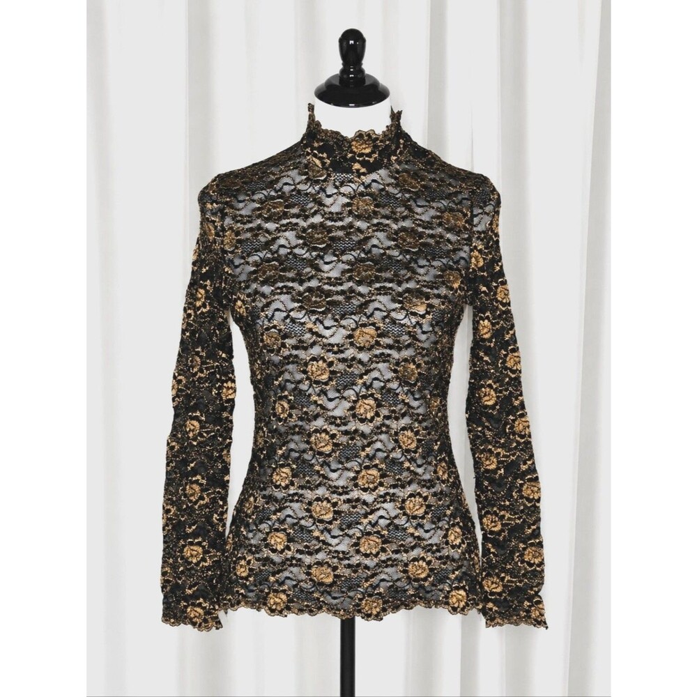 Reba Black Gold Metallic Sheer Lace Bodycon Mock Neck Button Shoulder Blouse Top